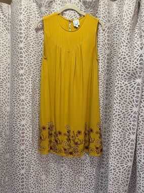 Blue Rain Mustard Yellow Sleeveless Dress with Floral Embroidery